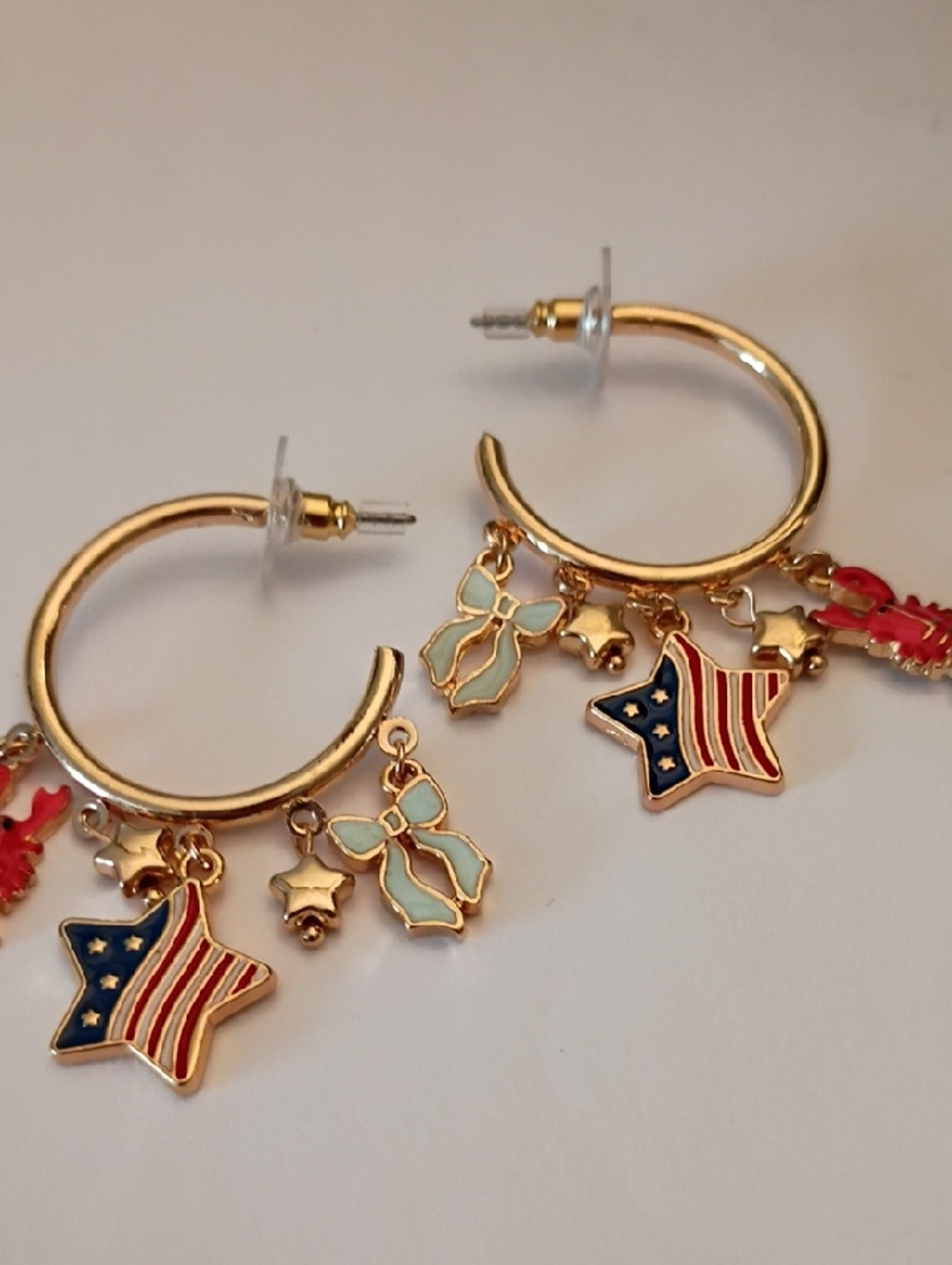 Gold Hoop Earrings with American Flag Star & Mint Bow Charms
